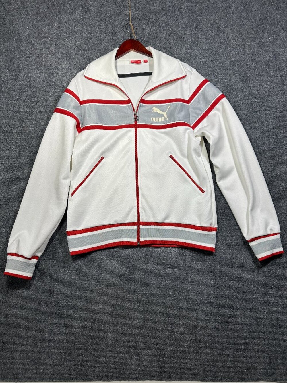Vintage Puma Mens Large Track Jacket White Red Gray